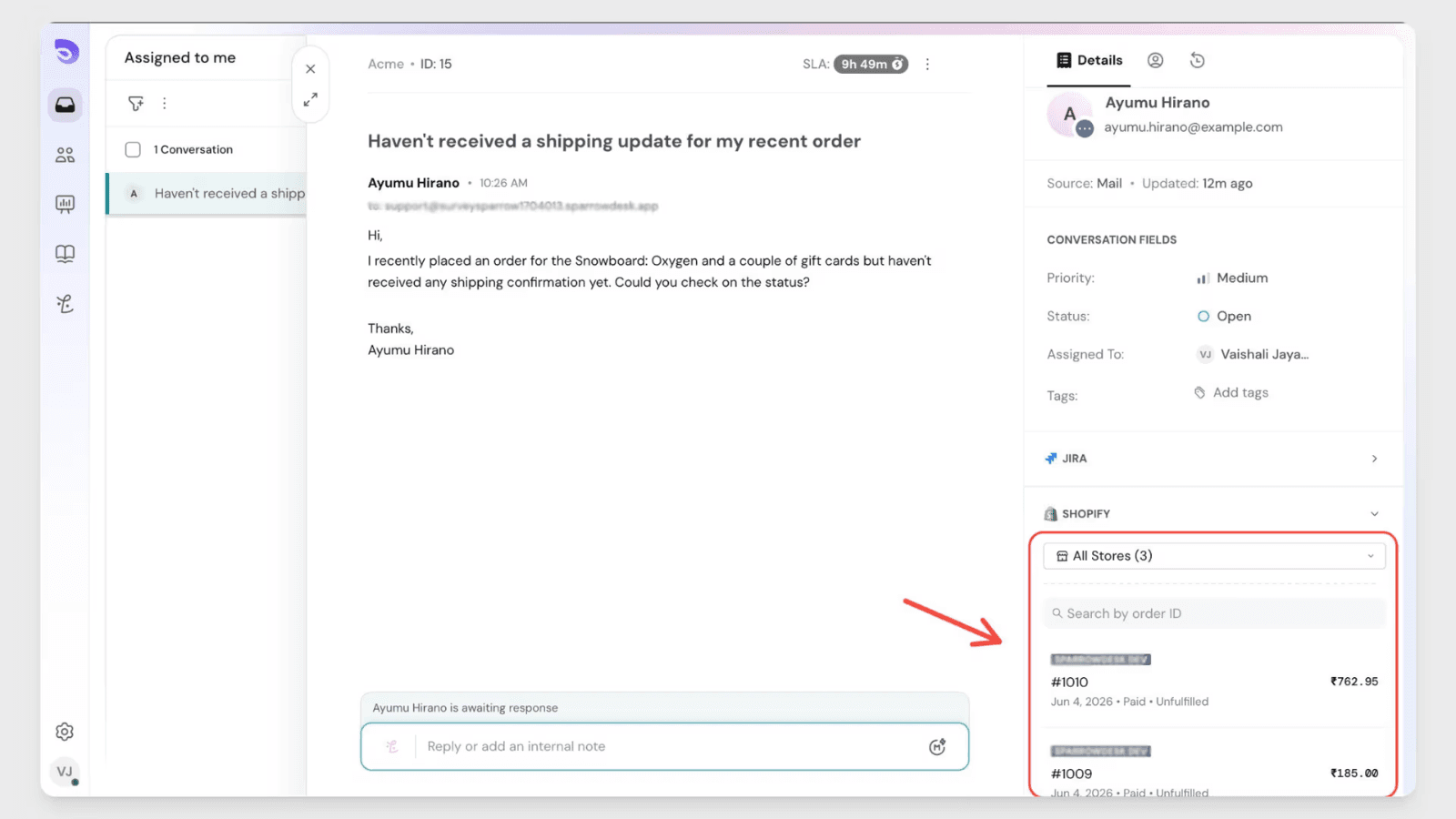 See every customer's Shopify order history right inside SparrowDesk, no tab-switching needed.