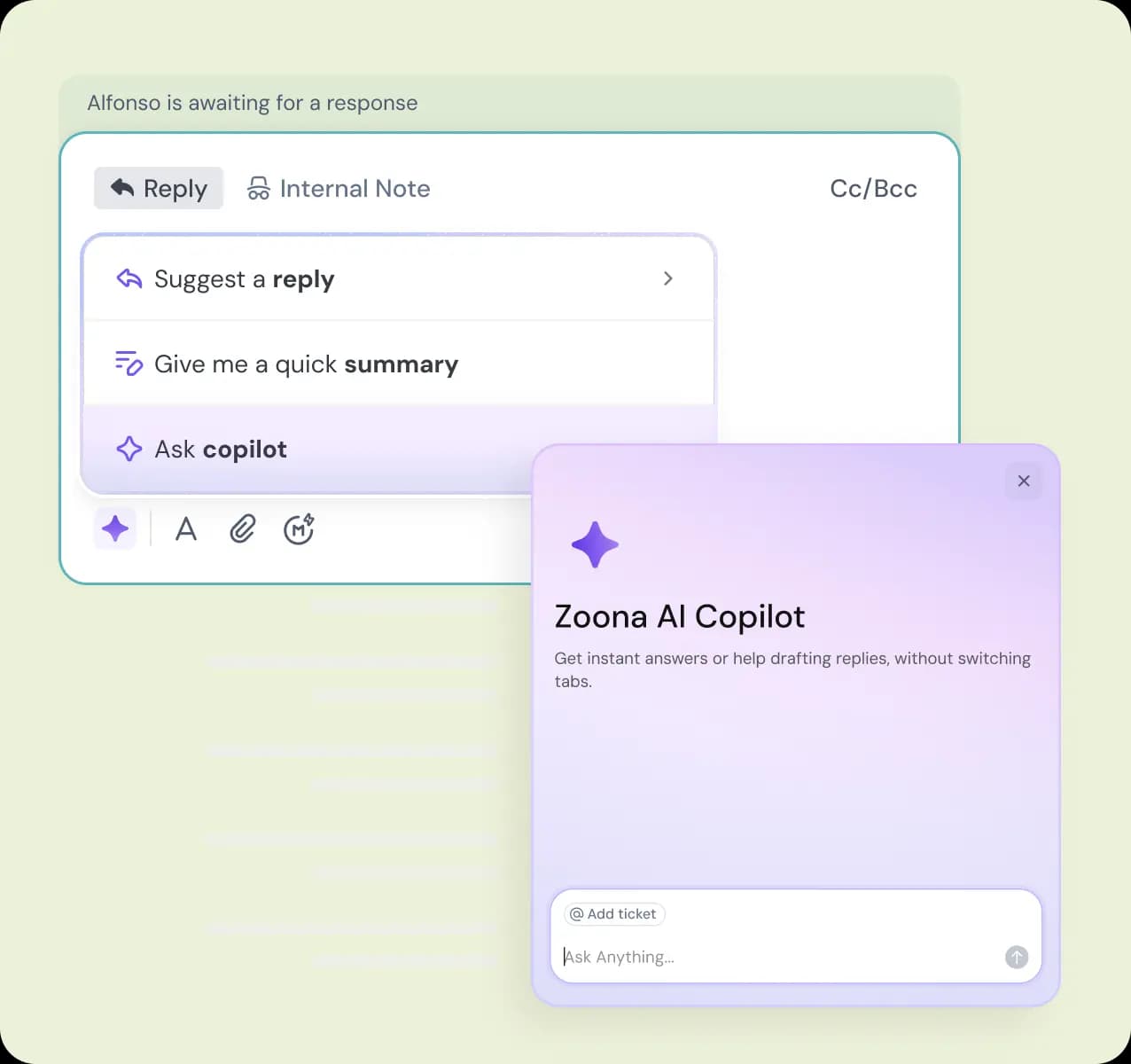 SparrowDesk AI copilot providing context and smart suggestions to support agents